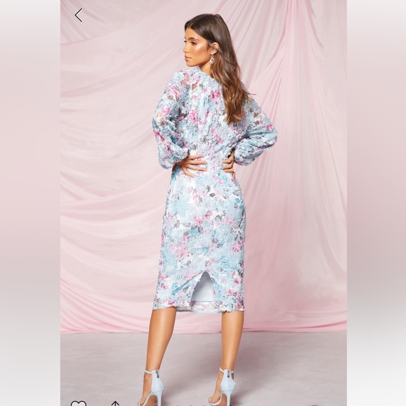 SEQUIN PUFF SLEEVE MIDI DRESS - Picture 2 of 4